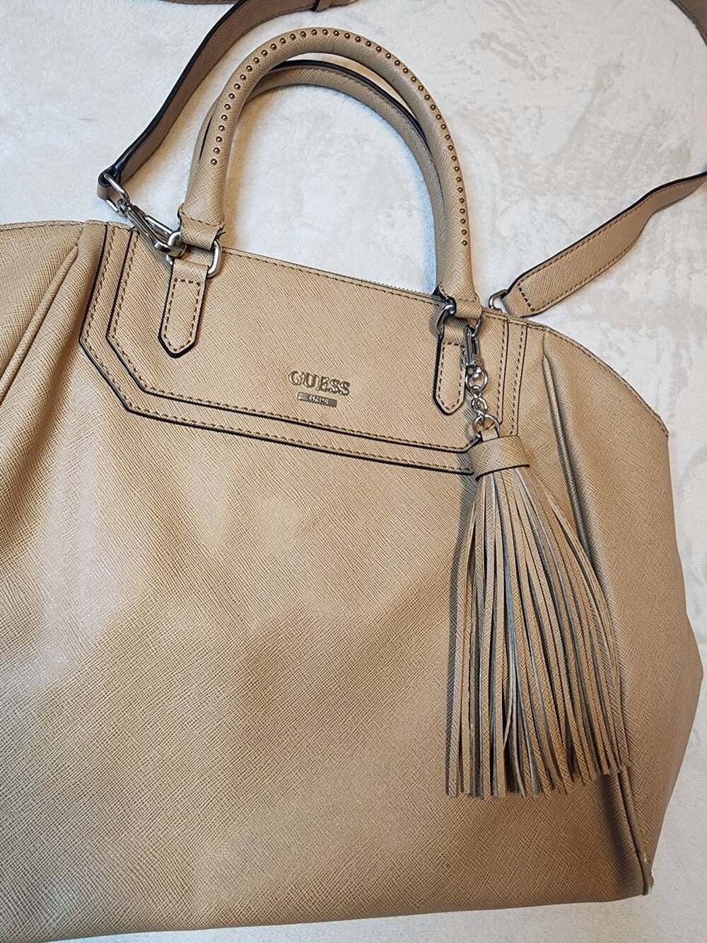 Guess Saffiano Beige Satchel Handbag With Tassel Charm